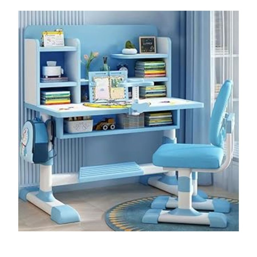Recheer-GO Home Kids Desk and Chair Set,Height Adjustable Children Study Desk Chair,School Student Writing Desk Table with Drawer Bookstand,Ergonomic Student Learning Table Desk Chairs (Blue)